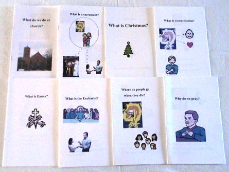 A group of social story booklets. The top row shows the stories 'What do we do at church?', with an image of a church; 'What is a sacrament?, with an image of people at a baptism and an image of a person receiving the Eucharist, each connected to a thought balloon showing God, and Jesus embracing a child; 'What is Christmas?', with an image of a Christmas tree; and 'What is reconciliation?', showing an image of God, with arrows pointing to the Mayer-Johnson symbols for 'sad' and 'love', looking down on a child who is signing 'sorry'. The bottom row shows the stories 'What is Easter?', with the Mayer-Johnson symbol for Easter; 'What is the Eucharist?' with an image of the Last Supper and, below it, an image of a young woman receiving the Eucharist; 'Where do people go when they die?', with an image of God with people; and 'Why do we pray?', with an image of a boy with his hands clasped in prayer.